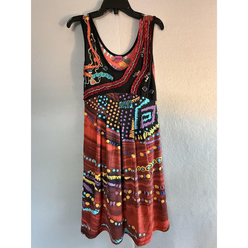 Save The Queen Dress Womens S Multicolor Geometric Scoop Neck Fringe‎ Boho Art